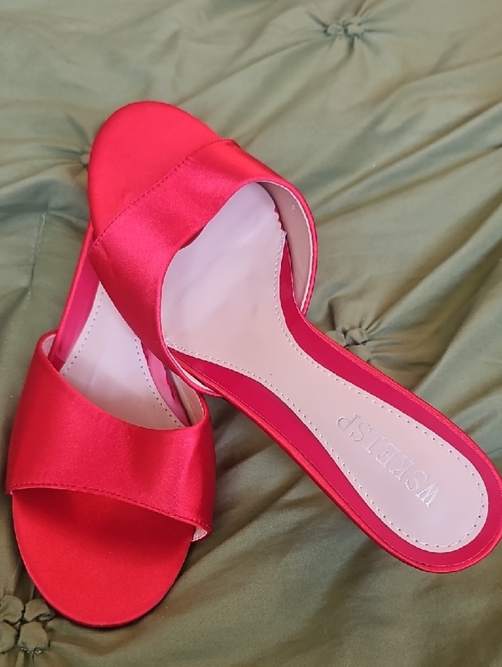 WSKEISP..Red Satin Slide Heels for Women